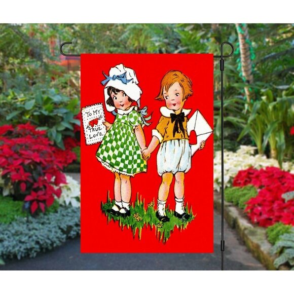 VALENTINES DAY Vintage Design NEW Red and White Double Sided Retro 12 x 18 inche - Picture 3 of 10